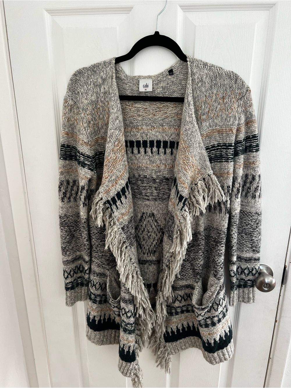 CAbi Gray and Beige Fringed Open-Front Knit Cardigan